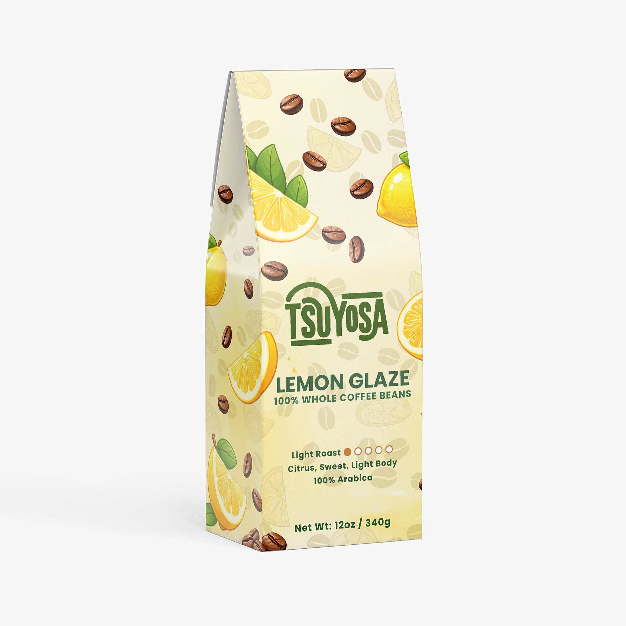 Coffee bean package with lemon glaze flavor on a white background