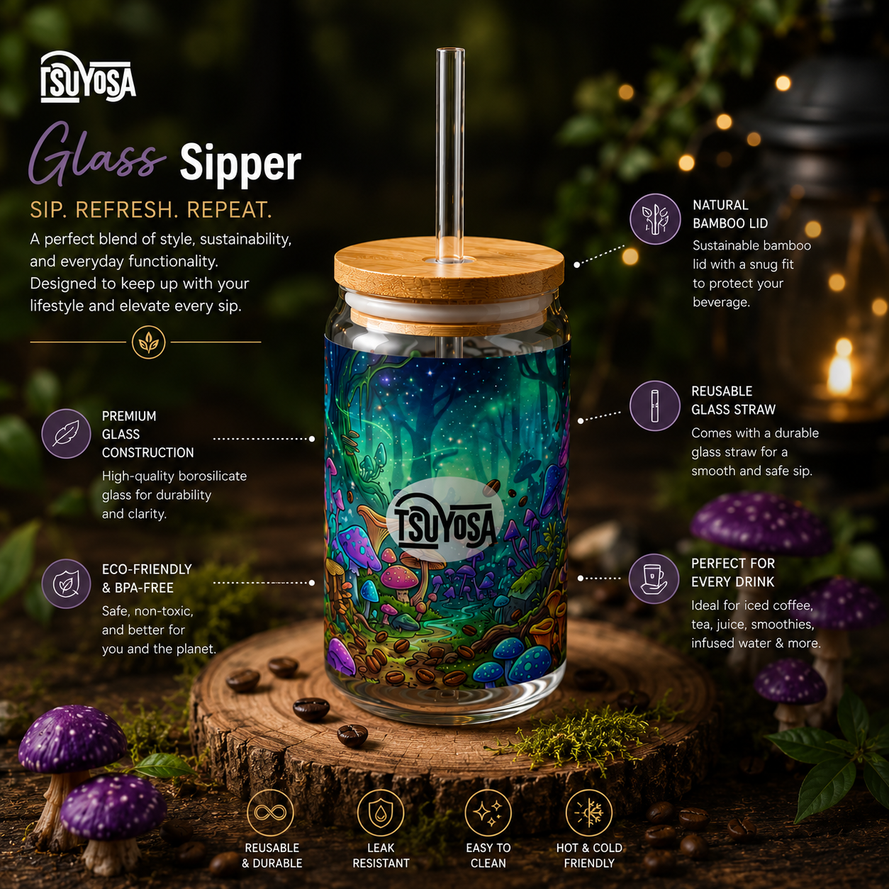 Mushroom Fuse Sipper Glass, 16oz