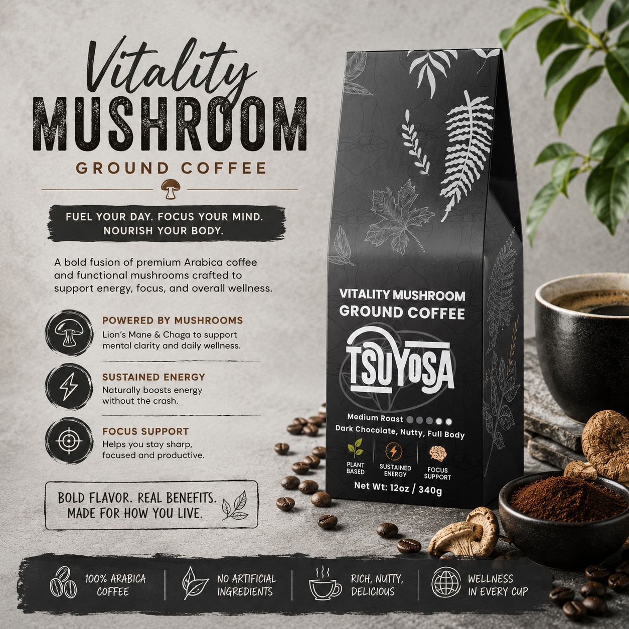 Vitality Mushroom Coffee (Medium Roast)